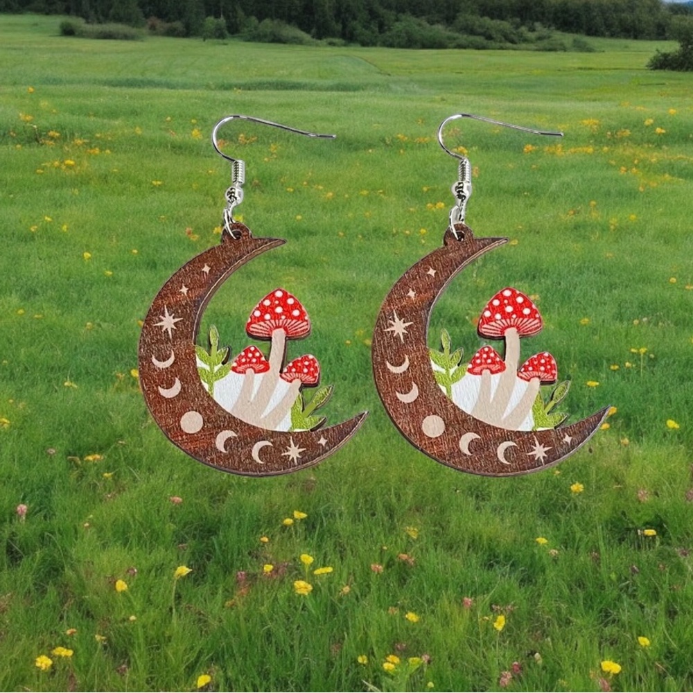 Moon & mushrooms wooden drop dangle earrings‎